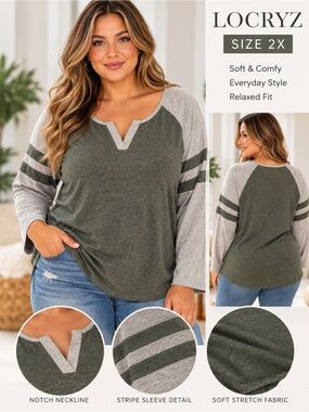 LOCRYZ Size 2X Olive Green Gray Colorblock Varsity Stripe Long Sleeve Top